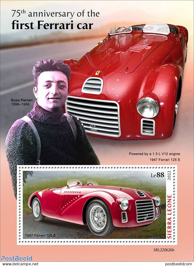 Sierra Leone 2022 75th Anniversary Of The First Ferrari Car, Mint NH, Transport - Automobiles - Ferrari - Voitures