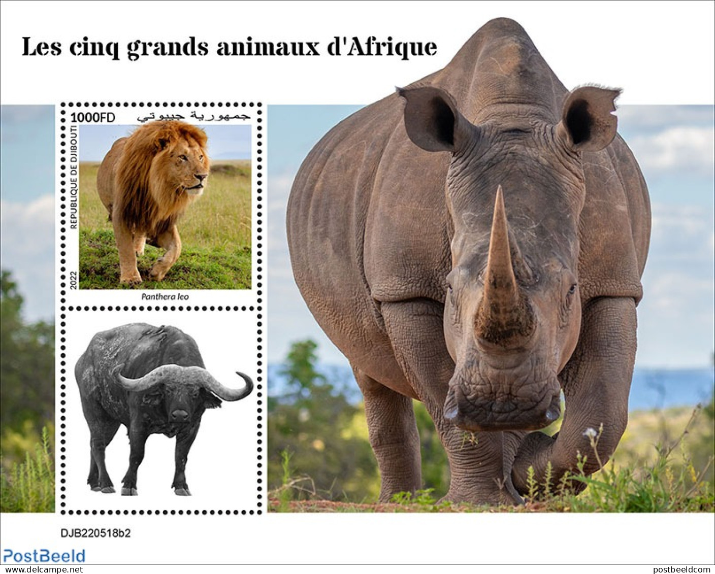 Djibouti 2022 The Big Five Of Africa, Mint NH, Nature - Cat Family - Rhinoceros - Dschibuti (1977-...)