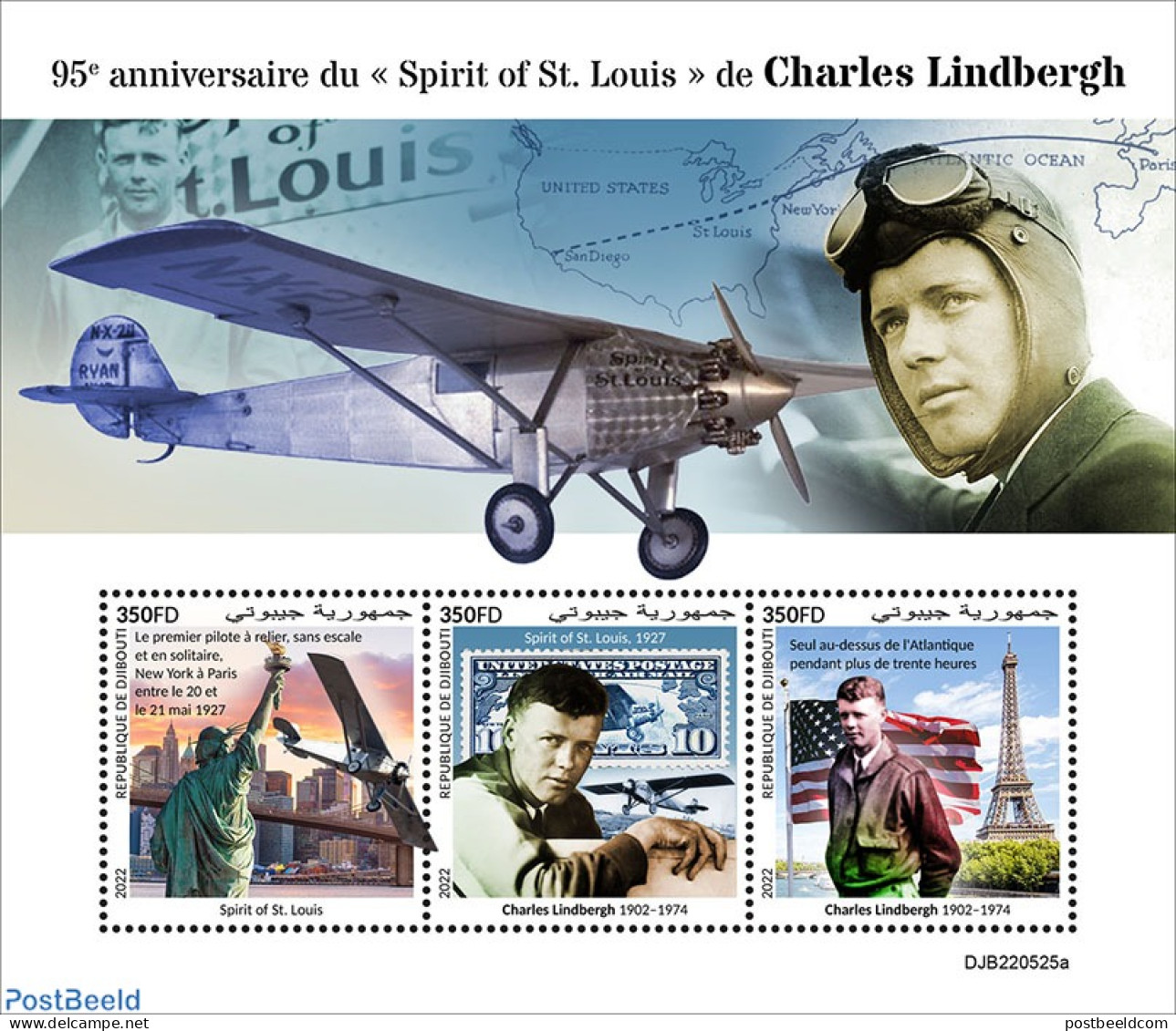 Djibouti 2022 95th Anniversary Of Spirit Of St. Louis Of Charles Lindbergh, Mint NH, History - Transport - Flags - Air.. - Airplanes