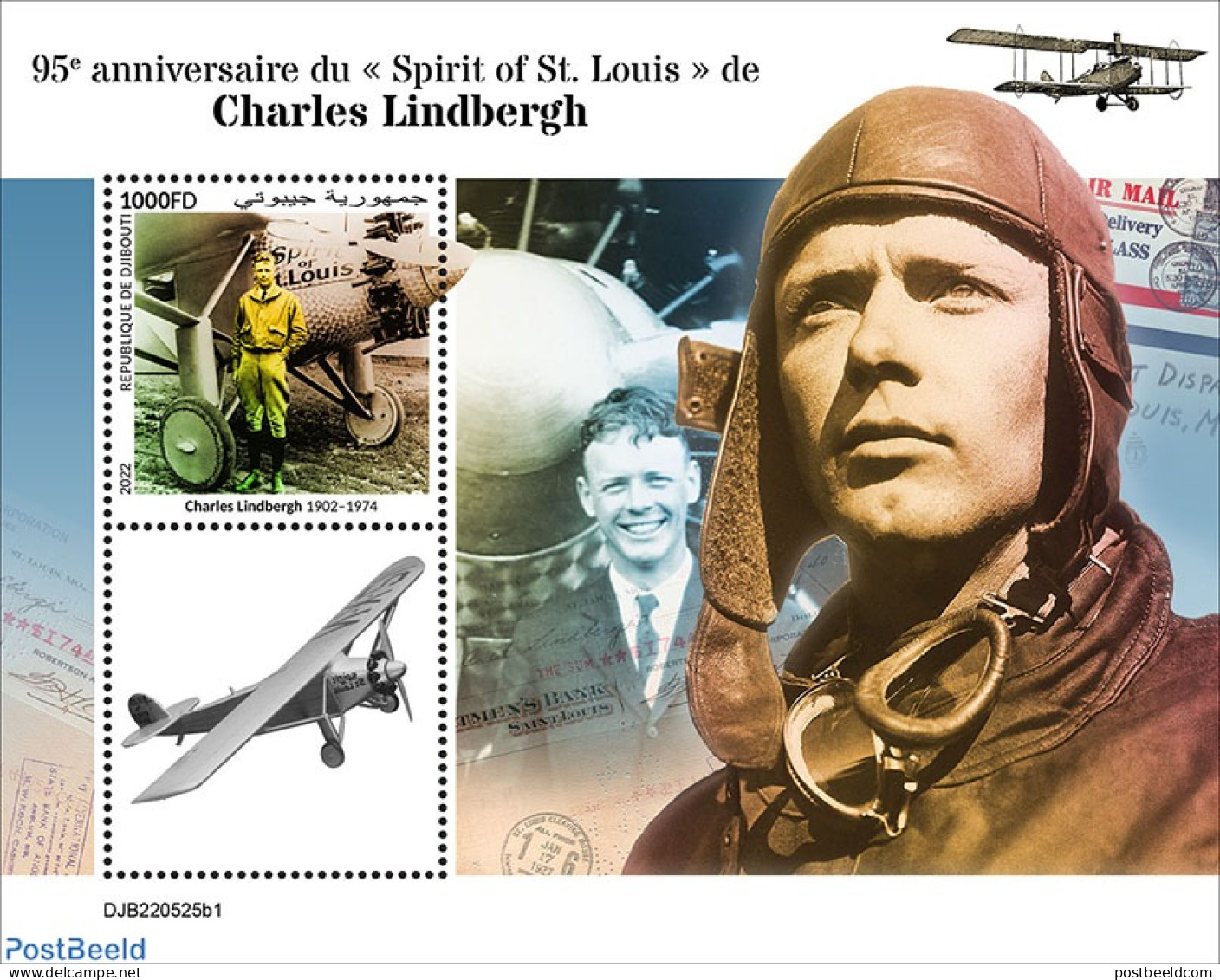 Djibouti 2022 95th Anniversary Of Spirit Of St. Louis Of Charles Lindbergh, Mint NH, Transport - Aircraft & Aviation - Avions