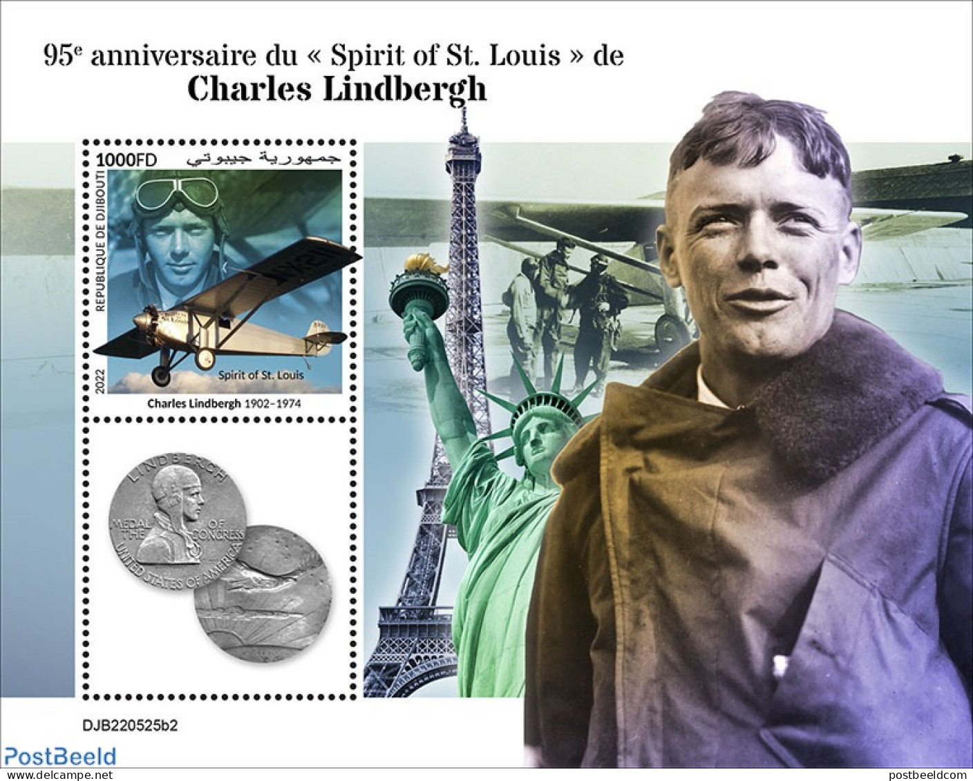 Djibouti 2022 95th Anniversary Of Spirit Of St. Louis Of Charles Lindbergh, Mint NH, Transport - Aircraft & Aviation -.. - Avions