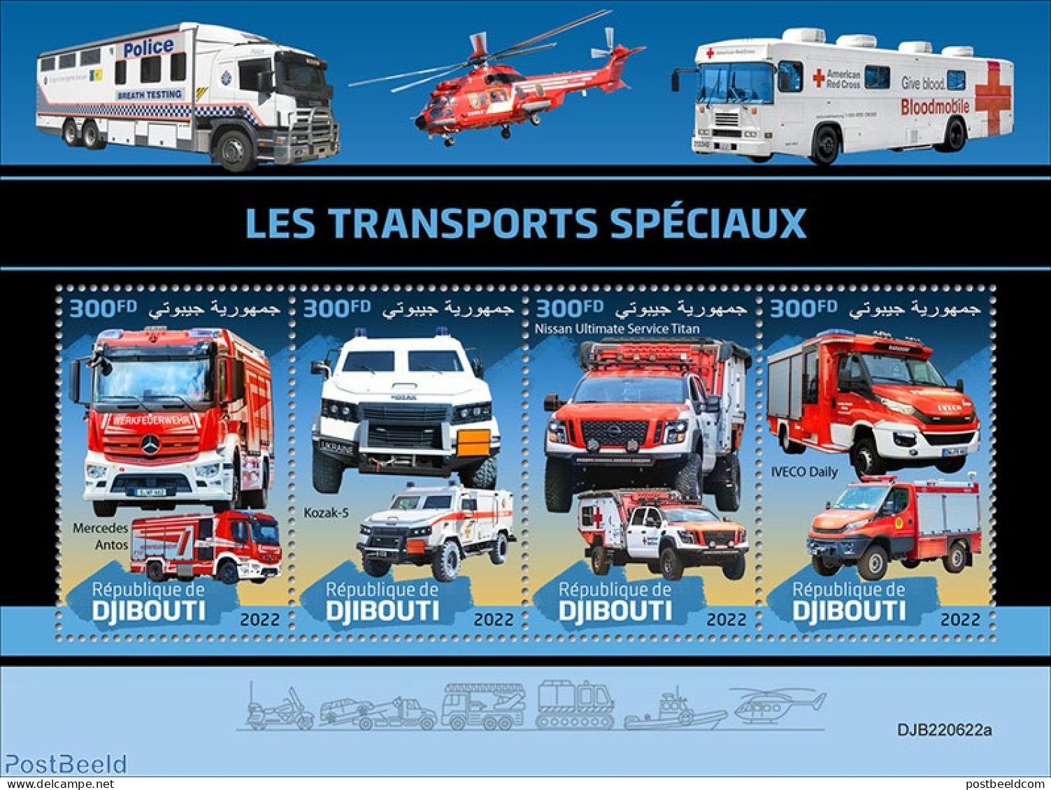 Djibouti 2022 Special Transport , Mint NH, Transport - Automobiles - Fire Fighters & Prevention - Helicopters - Autos