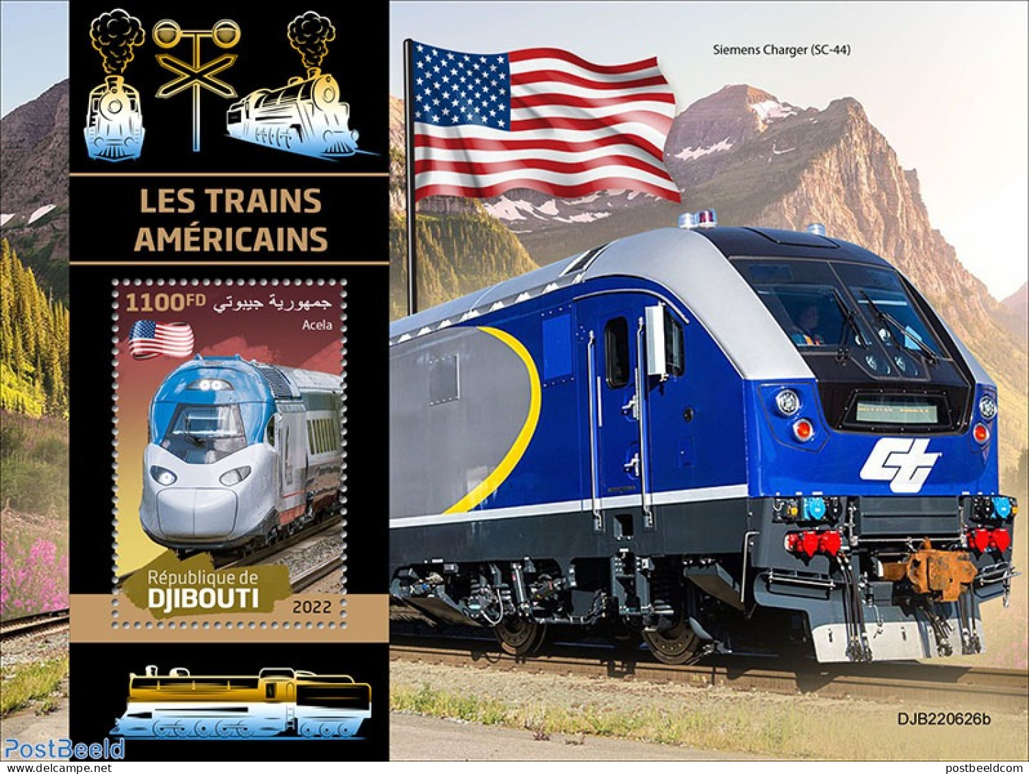 Djibouti 2022 American Trains, Mint NH, History - Sport - Transport - Flags - Mountains & Mountain Climbing - Railways - Bergsteigen