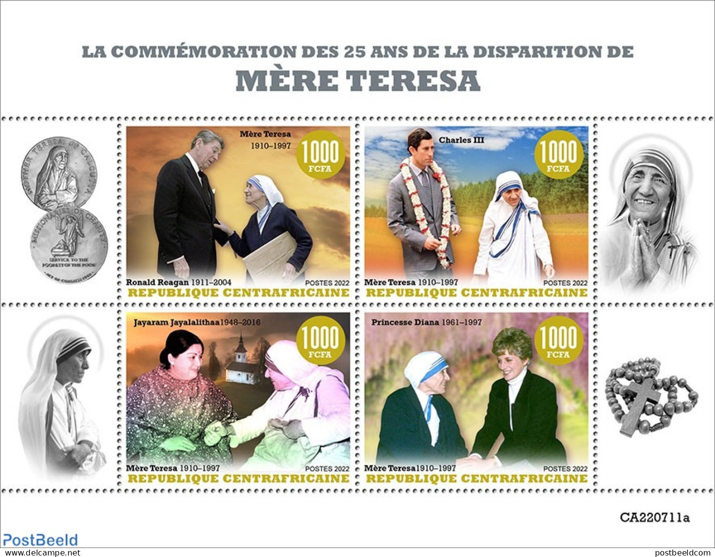 Central Africa 2022 25th Memorial Anniversary Of Mother Teresa, Mint NH, History - Religion - American Presidents - Ch.. - Case Reali
