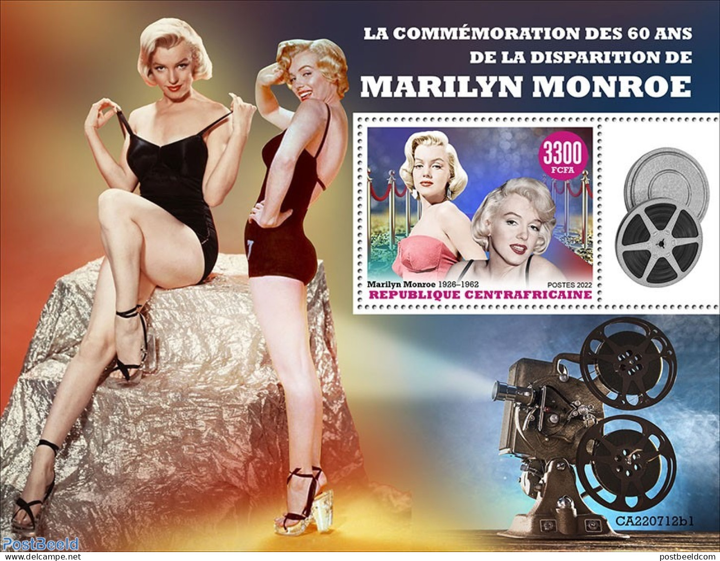 Central Africa 2022 60th Memorial Anniversary Of Marilyn Monroe, Mint NH, Performance Art - Marilyn Monroe - Movie Stars - Schauspieler