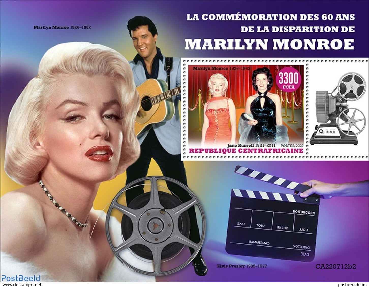 Central Africa 2022 60th Memorial Anniversary Of Marilyn Monroe, Mint NH, Performance Art - Elvis Presley - Marilyn Mo.. - Elvis Presley