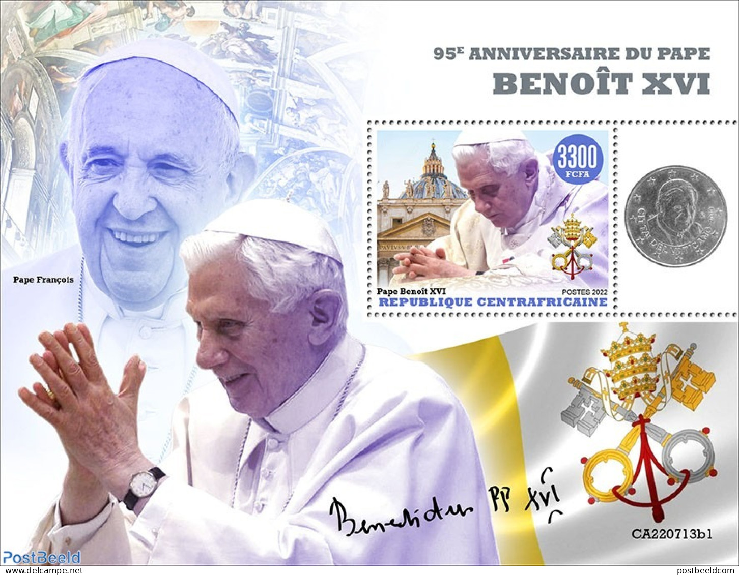 Central Africa 2022 95th Anniversary Of Pope Benedict XVI, Mint NH, Religion - Pope - Papas