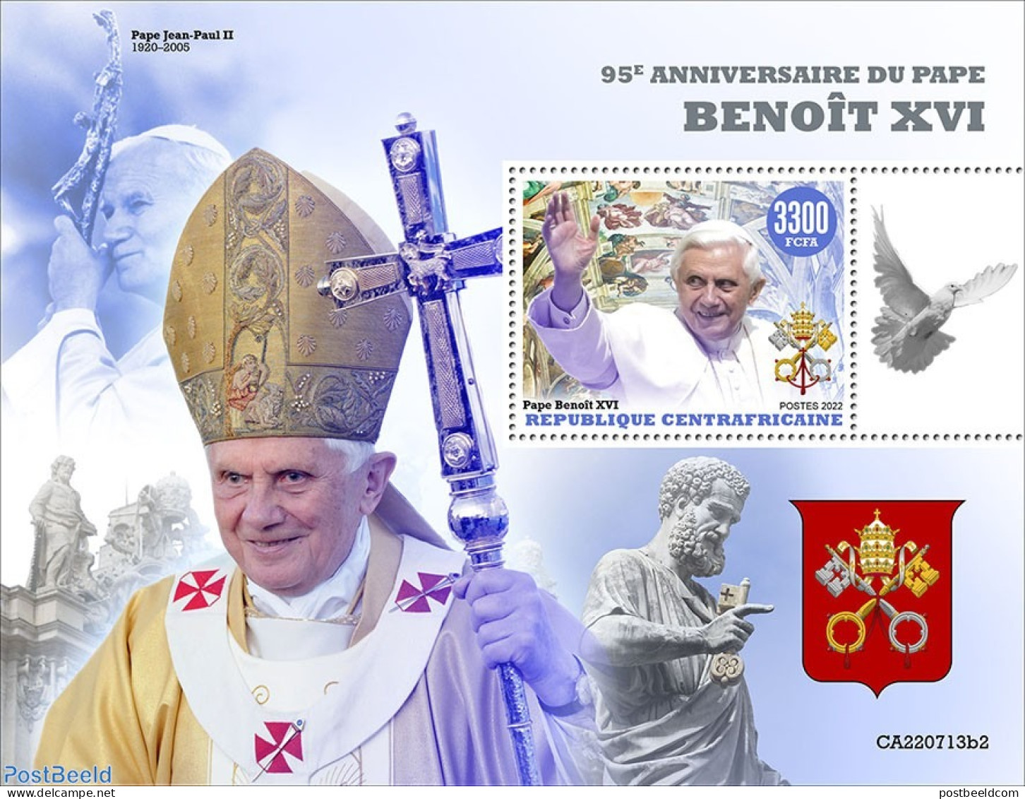 Central Africa 2022 95th Anniversary Of Pope Benedict XVI, Mint NH, Nature - Religion - Pope - Pigeons - Papi