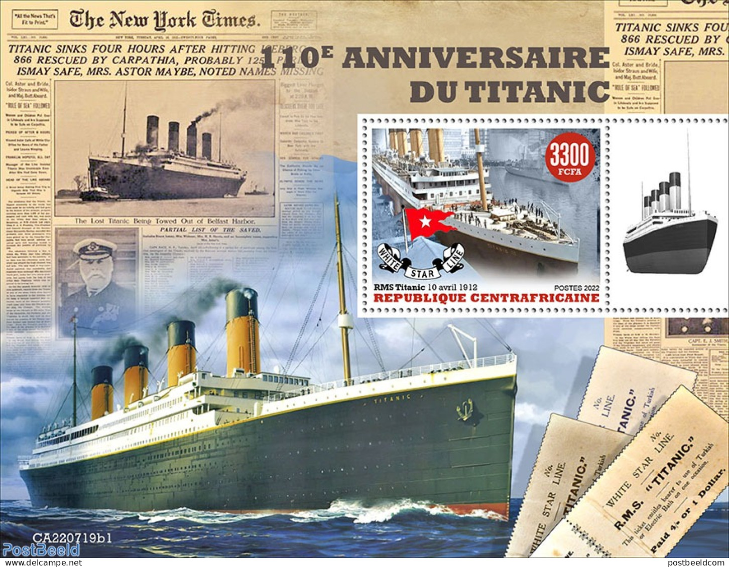 Central Africa 2022 110th Anniversary Of Titanic, Mint NH, Transport - Ships And Boats - Titanic - Schiffe