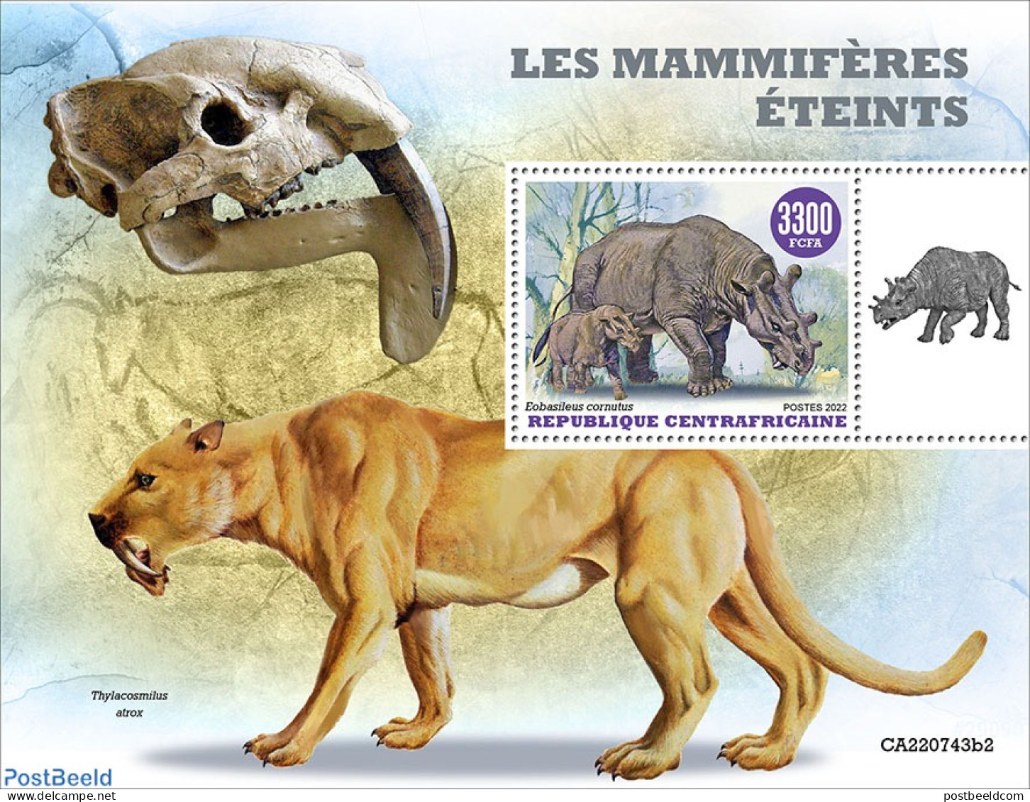 Central Africa 2022 Extinct Mammals, Mint NH, Nature - Animals (others & Mixed) - Prehistoric Animals - Prehistory - Préhistoriques