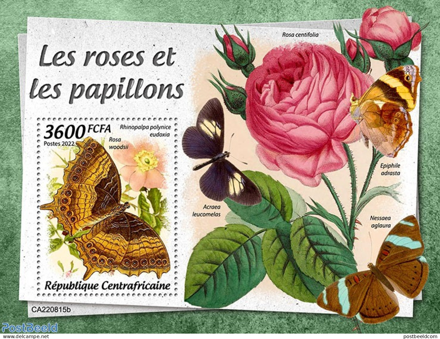 Central Africa 2022 Roses And Butterflies, Mint NH, Nature - Butterflies - Flowers & Plants - Roses - Centrafricaine (République)