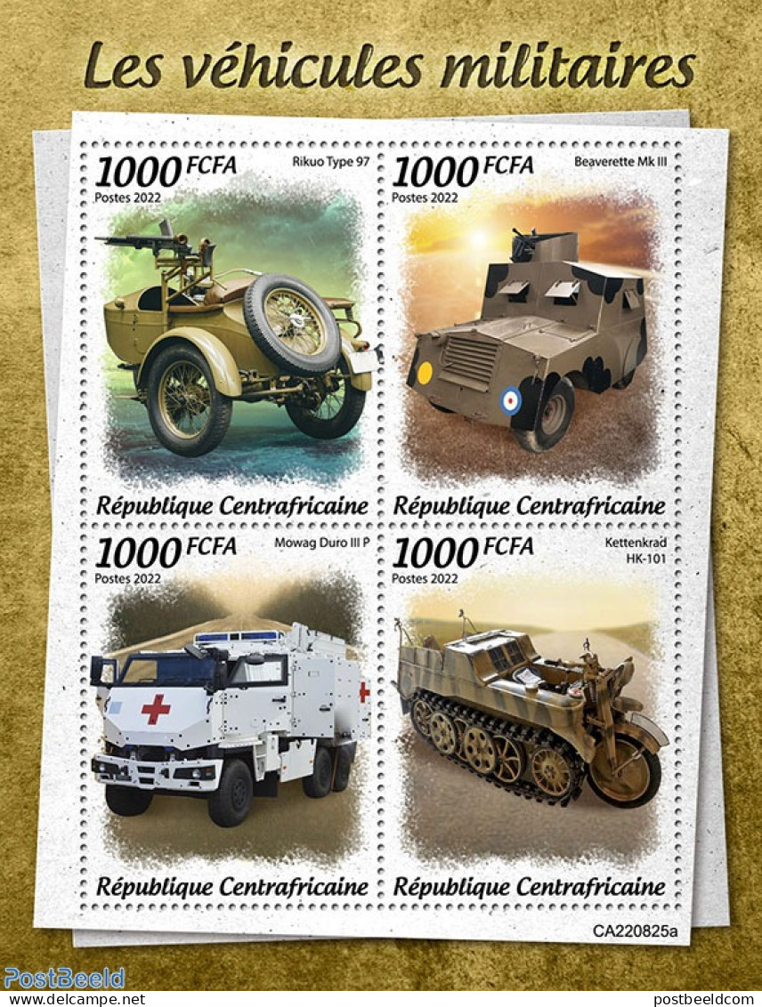 Central Africa 2022 Military Vehicles, Mint NH, History - Transport - Militarism - Automobiles - Militaria