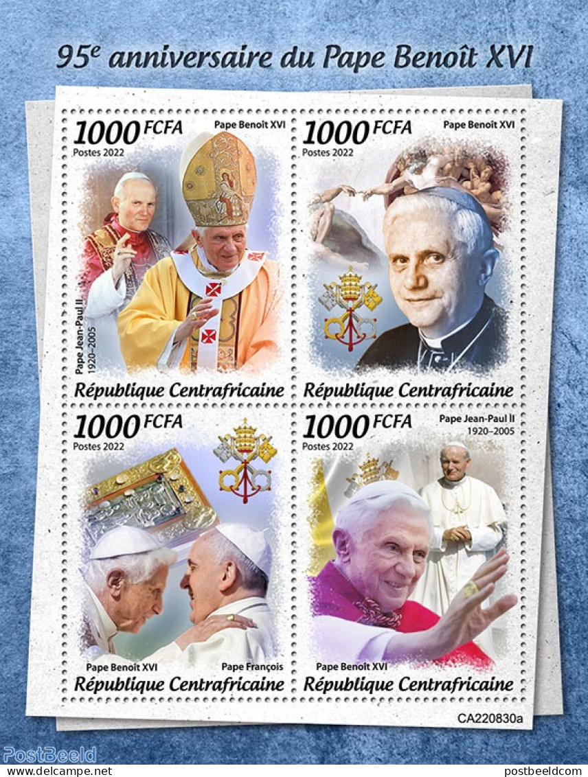 Central Africa 2022 95th Anniversary Of Pope Benedict XVI, Mint NH, Religion - Pope - Art - Paintings - Papas
