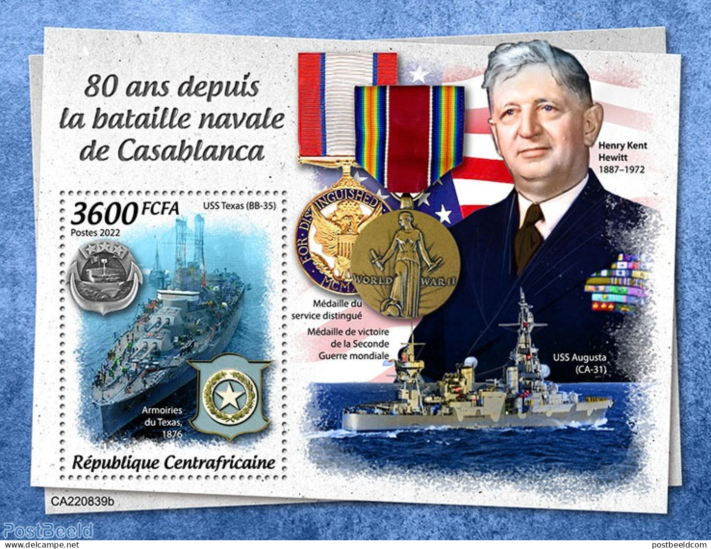 Central Africa 2022 80 Years Since The Battle Of Casablanca, Mint NH, History - Transport - World War II - Ships And B.. - 2. Weltkrieg