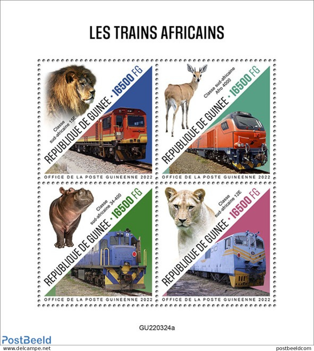 Guinea, Republic 2022 African Trains, Mint NH, Nature - Transport - Cat Family - Deer - Hippopotamus - Railways - Eisenbahnen