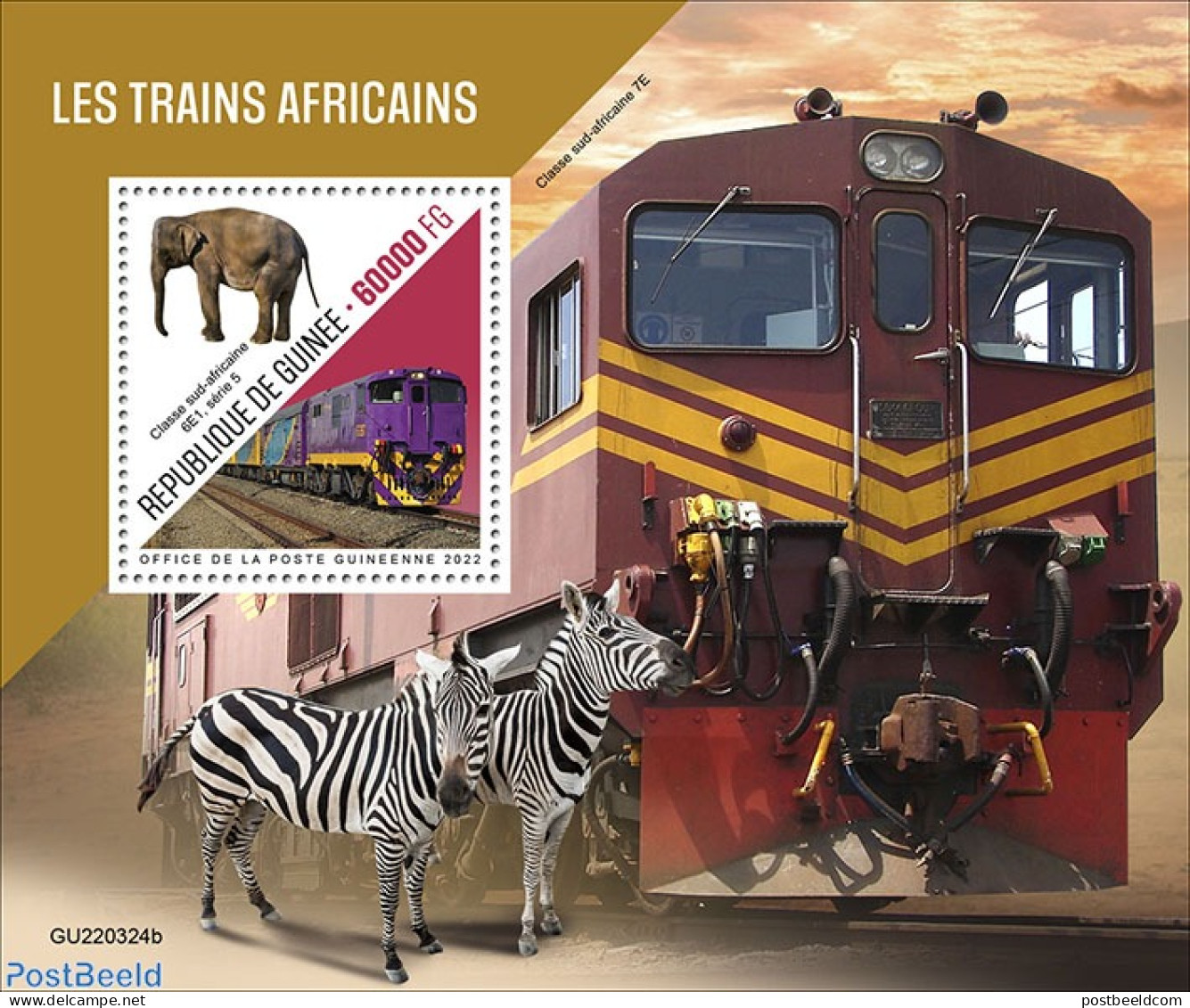 Guinea, Republic 2022 African Trains, Mint NH, Nature - Transport - Elephants - Zebra - Railways - Trenes