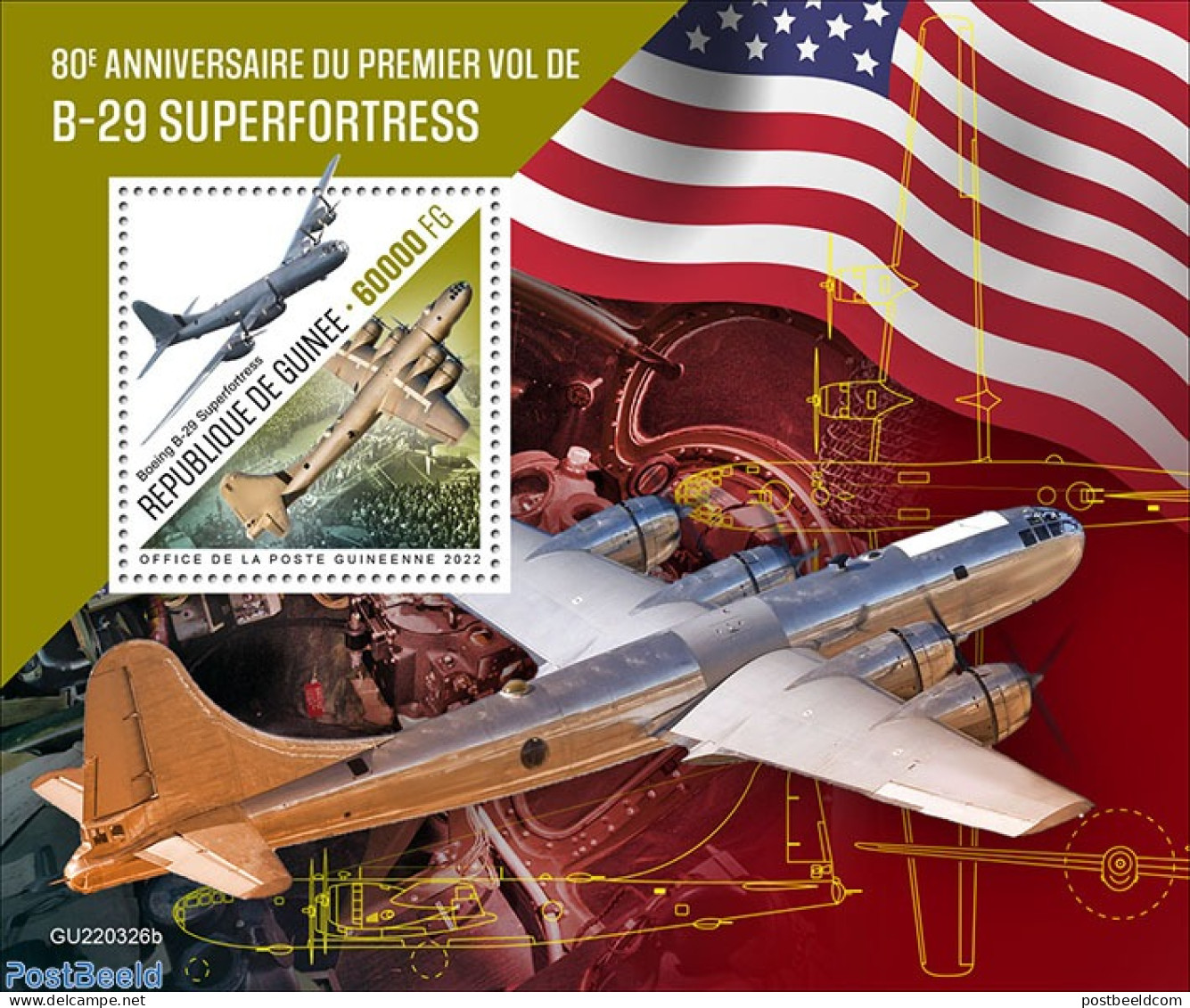 Guinea, Republic 2022 80th Anniversary Of The B-29 First Flight , Mint NH, History - Transport - Flags - Militarism - .. - Militaria