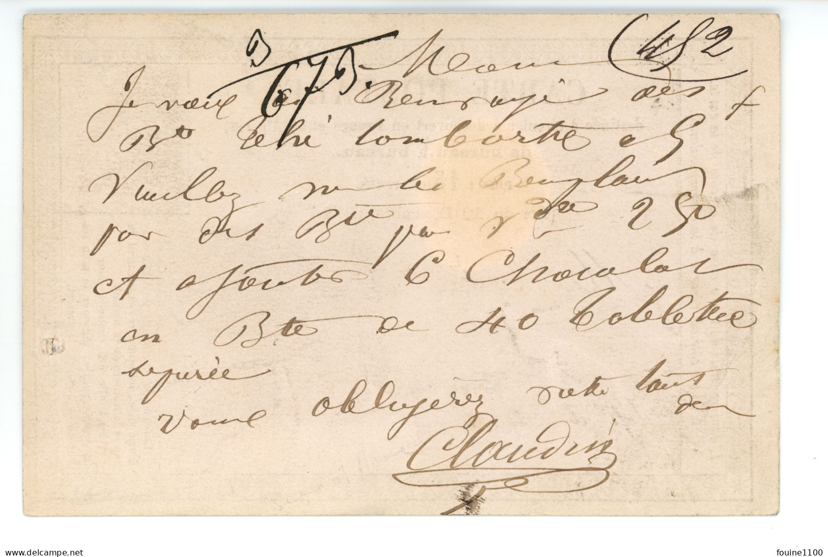 CARTE PRECURSEUR Pour Mr BRUN Rue Des Halles à PARIS De La Part De CLAUDIN à MEAUX 77 Commande De Chocolats Année 1875 - 1849-1876: Classic Period