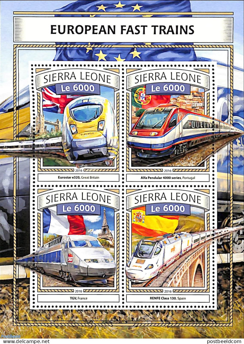 Sierra Leone 2016 European Fast Trains, Mint NH, History - Transport - Flags - Railways - Treinen