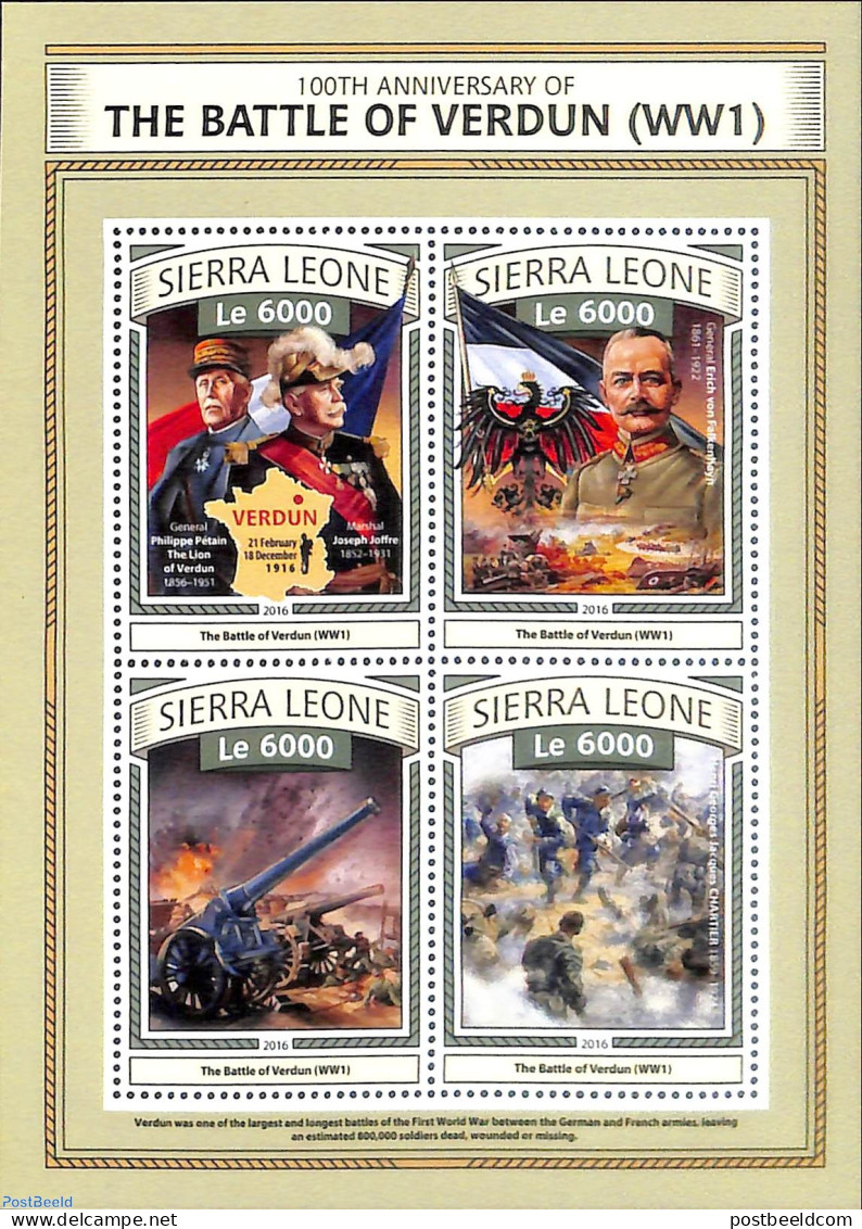 Sierra Leone 2016 100th Anniversary Of The Battle Of Verdun, Mint NH, History - Various - Militarism - Weapons - World.. - Militaria
