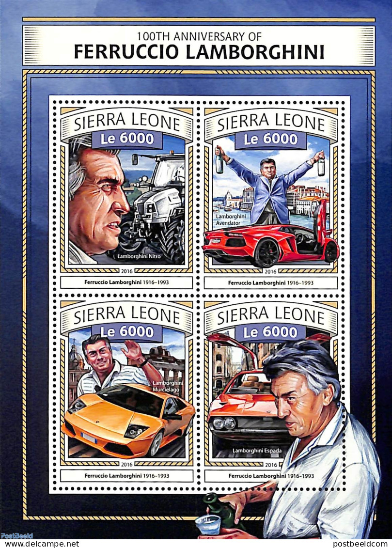 Sierra Leone 2016 100th Anniversary Of Ferruccio Lamborghini, Mint NH, Transport - Automobiles - Autos