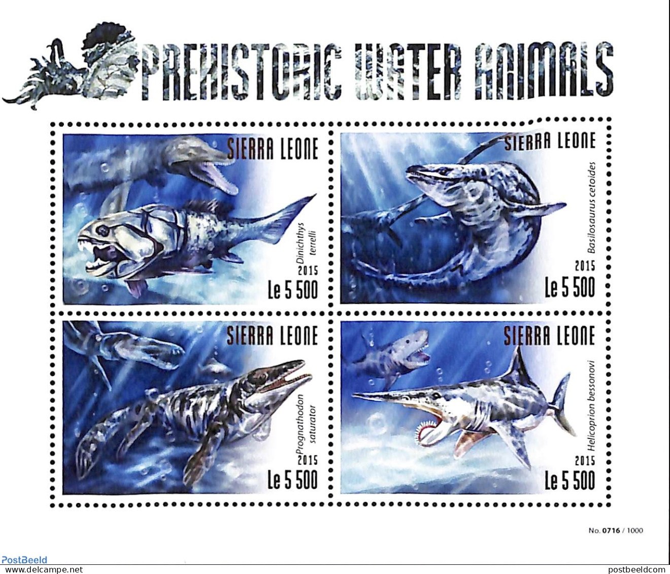 Sierra Leone 2015 Prehistoric Water Animals, Mint NH, Nature - Fish - Prehistoric Animals - Sharks - Vissen