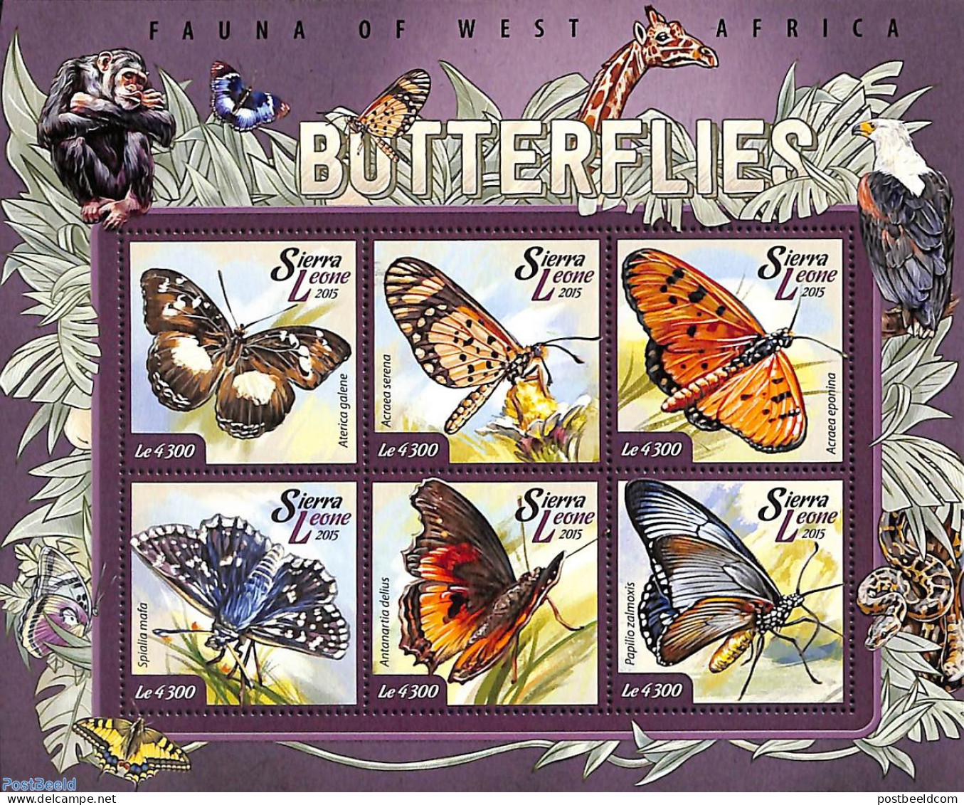 Sierra Leone 2015 Butterflies, Mint NH, Nature - Birds Of Prey - Butterflies - Giraffe - Monkeys - Snakes - Andere & Zonder Classificatie