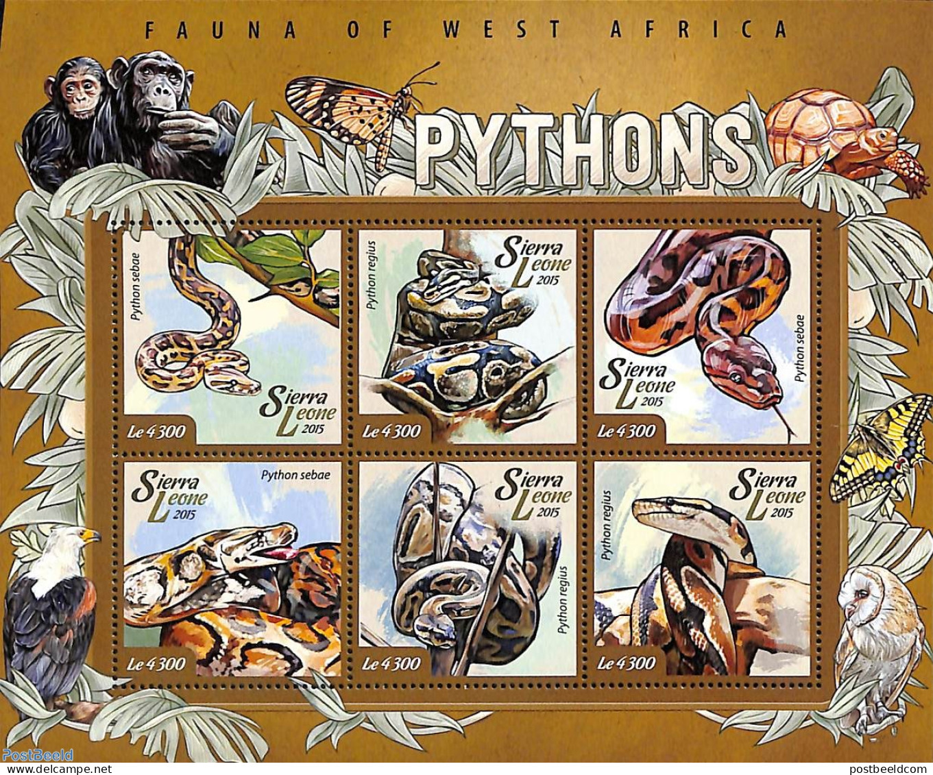 Sierra Leone 2015 Pythons, Mint NH, Nature - Birds Of Prey - Butterflies - Monkeys - Reptiles - Snakes - Turtles - Andere & Zonder Classificatie