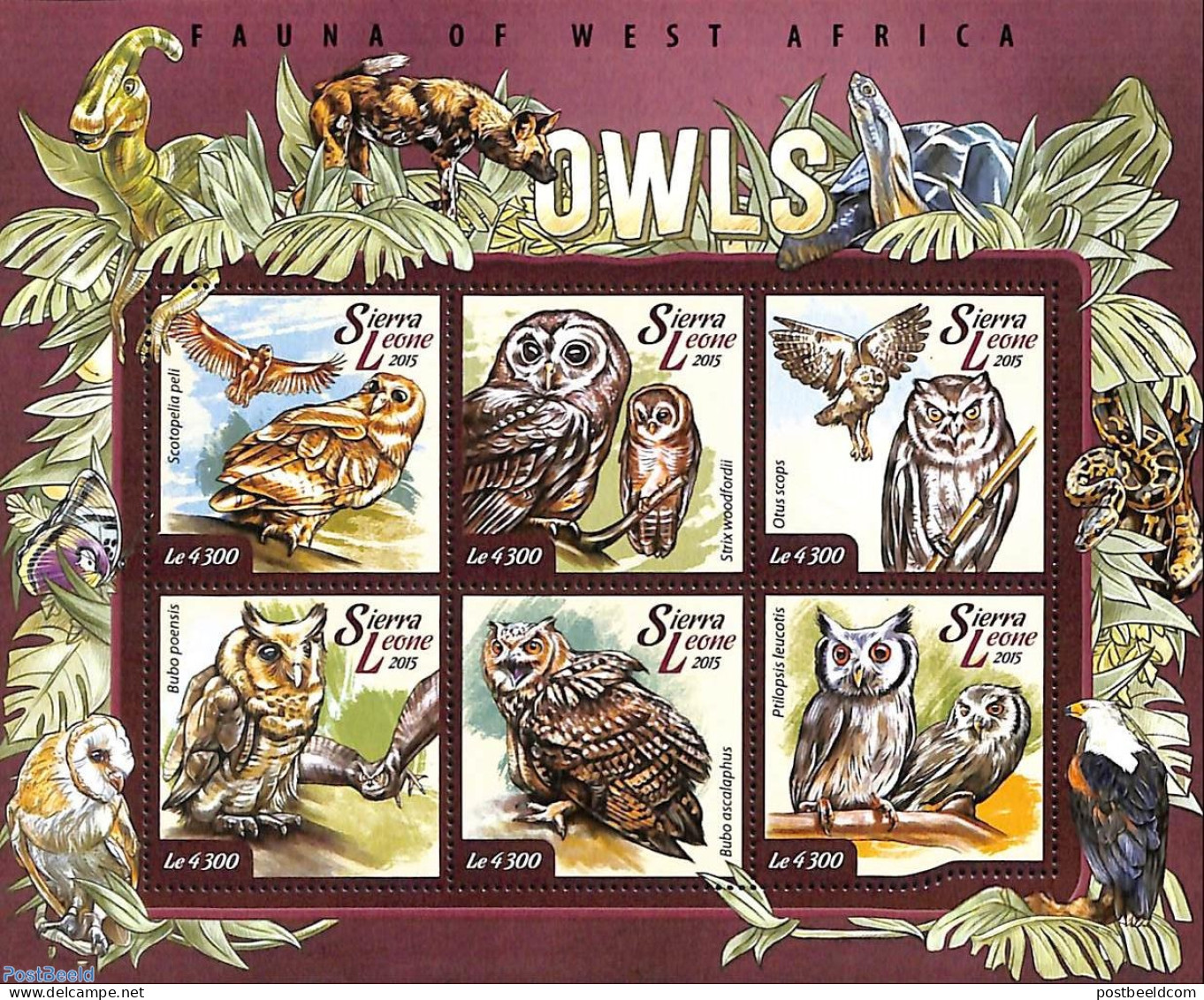 Sierra Leone 2015 Owls, Mint NH, Nature - Birds Of Prey - Butterflies - Owls - Prehistoric Animals - Snakes - Turtles .. - Vor- U. Frühgeschichte