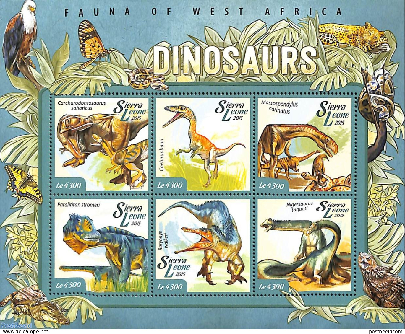 Sierra Leone 2015 Dinosaurs, Mint NH, Nature - Birds Of Prey - Butterflies - Cat Family - Crocodiles - Owls - Prehisto.. - Préhistoriques
