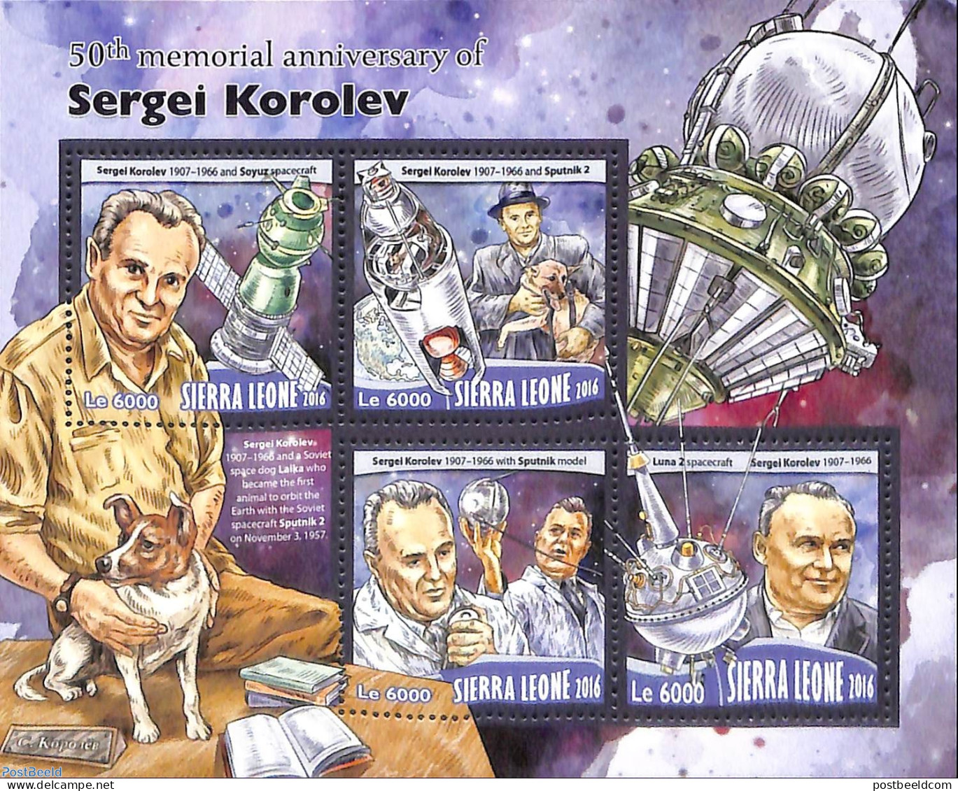 Sierra Leone 2016 50th Memorial Anniversary Of Sergei Korolev, Mint NH, Nature - Transport - Dogs - Space Exploration - Andere & Zonder Classificatie