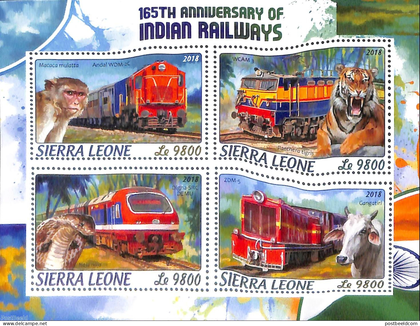 Sierra Leone 2018 165th Anniversary Of Indian Railways, Mint NH, Nature - Transport - Animals (others & Mixed) - Cat F.. - Treni