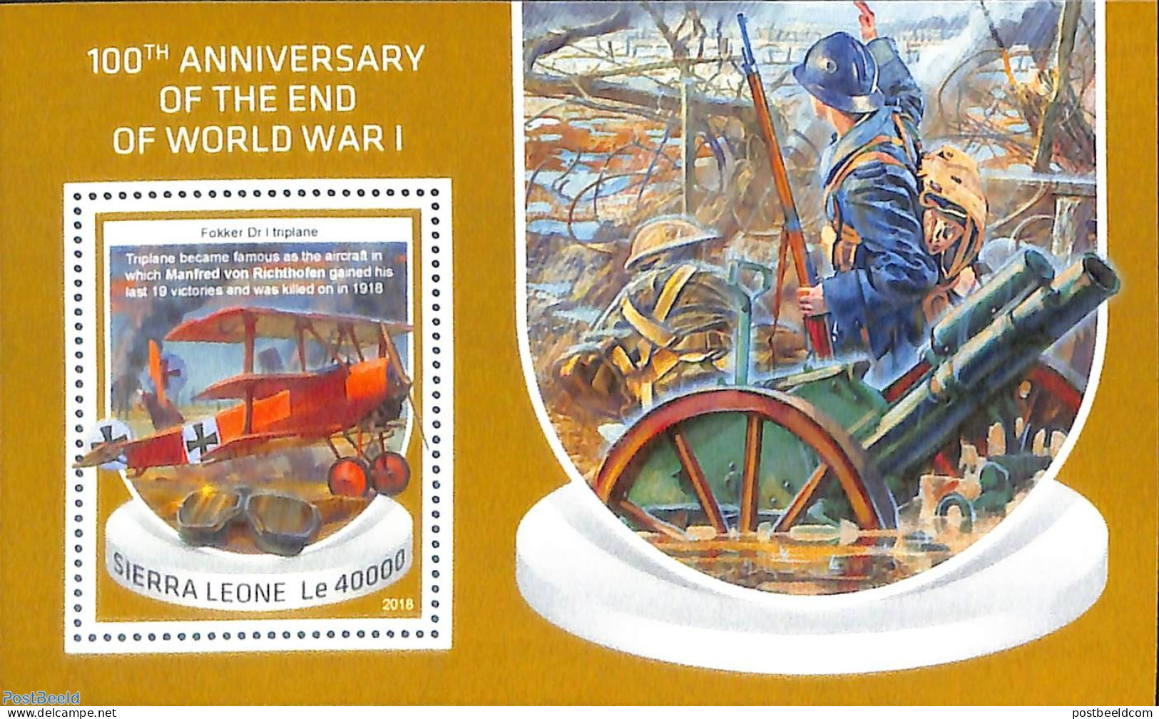 Sierra Leone 2018 100th Anniversary Of The End Of World War I, Mint NH, History - Transport - Militarism - Aircraft & .. - Militaria