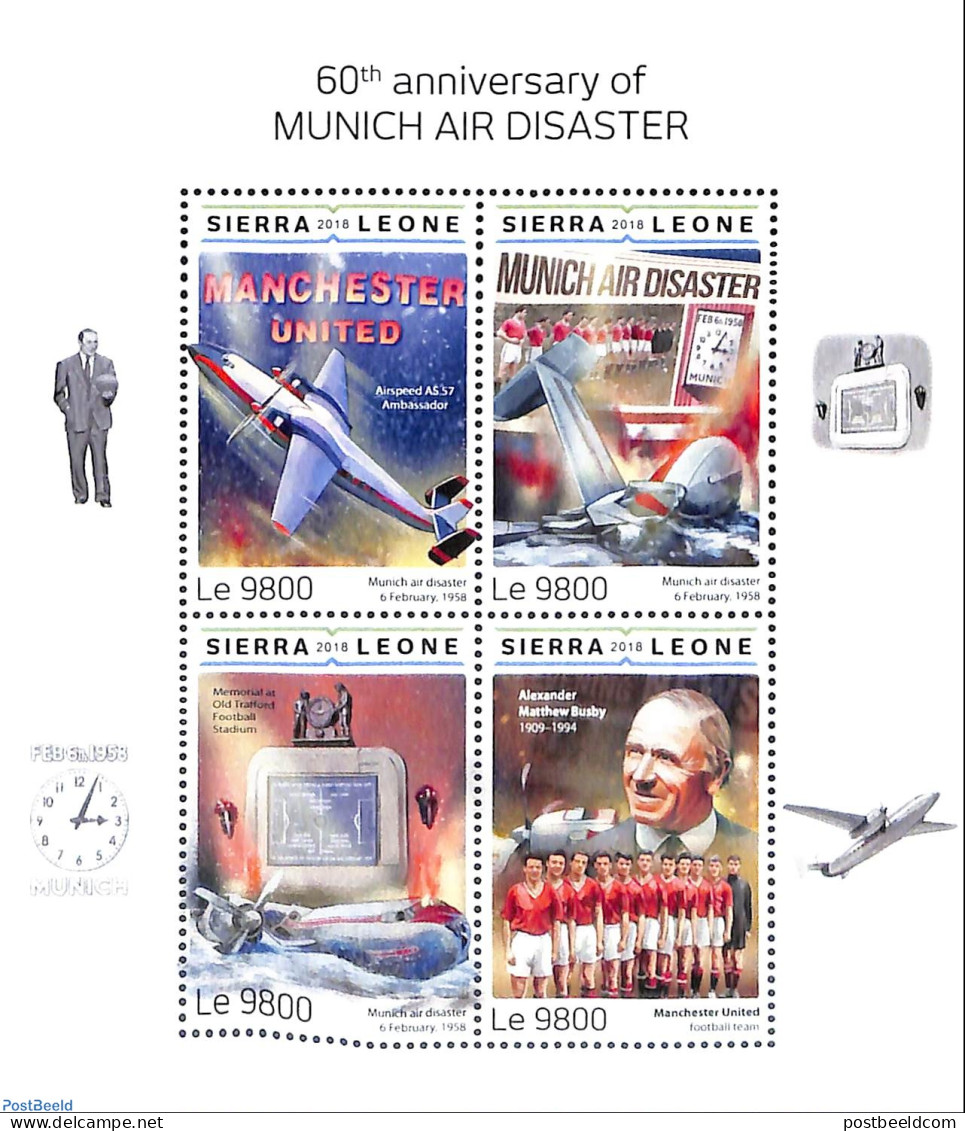 Sierra Leone 2018 60th Anniversary Of Munich Air Disaster, Mint NH, Transport - Aircraft & Aviation - Art - Clocks - Aerei