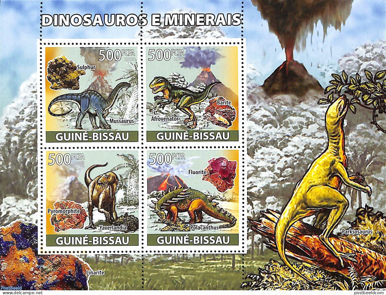Guinea Bissau 2008 Dinosaurs And Minerals, Mint NH, History - Nature - Geology - Prehistoric Animals - Preistorici