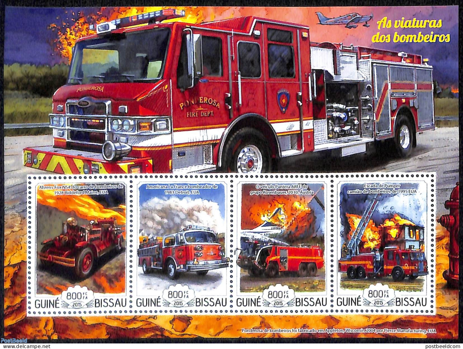 Guinea Bissau 2015 Fire Engines, Mint NH, Transport - Automobiles - Fire Fighters & Prevention - Automobili