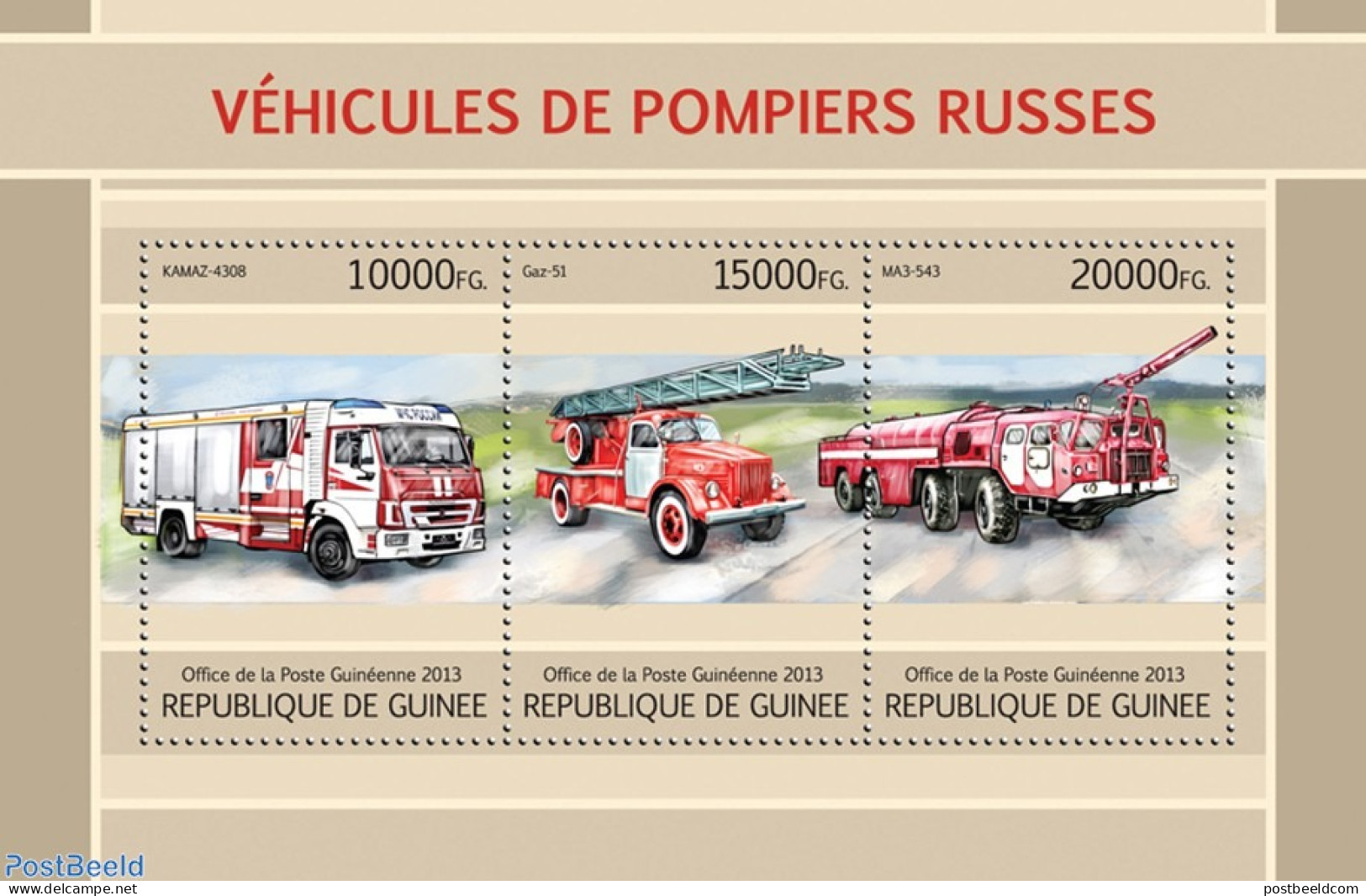 Guinea, Republic 2013 Fire Engines, Mint NH, Transport - Automobiles - Fire Fighters & Prevention - Cars