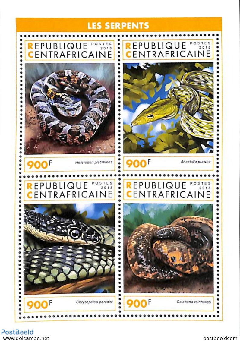 Central Africa 2018 Snakes 4v M/s, Mint NH, Nature - Reptiles - Snakes - Centrafricaine (République)