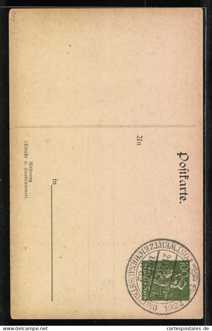 AK Berlin, Postwertzeichen-Ausstellung 1922, Frauenakt, Brieftaube, Posthorn, Ganzsache  - Cartoline