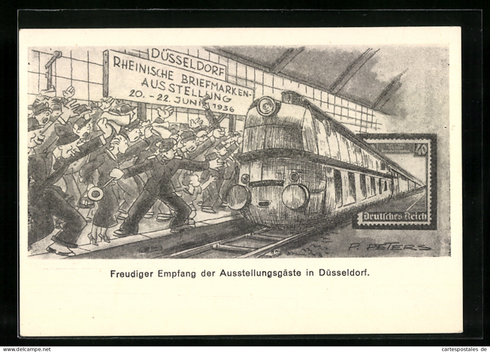 Künstler-AK Düsseldorf, Rheinische Briefmarken-Ausstellung 1936, Zeppelin-Zug, Empfang Der Ausstellungsgäste, Ganzs  - Briefkaarten