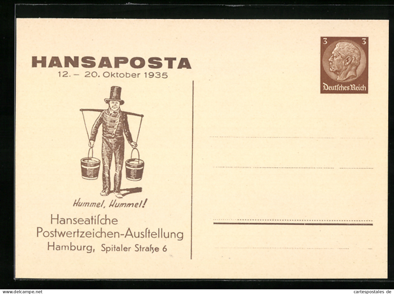 AK Hamburg, Hanseatische Postwertzeichen-Ausstellung, Hansaposta 1935, Hummel, Hummel!, Ganzsache  - Briefkaarten