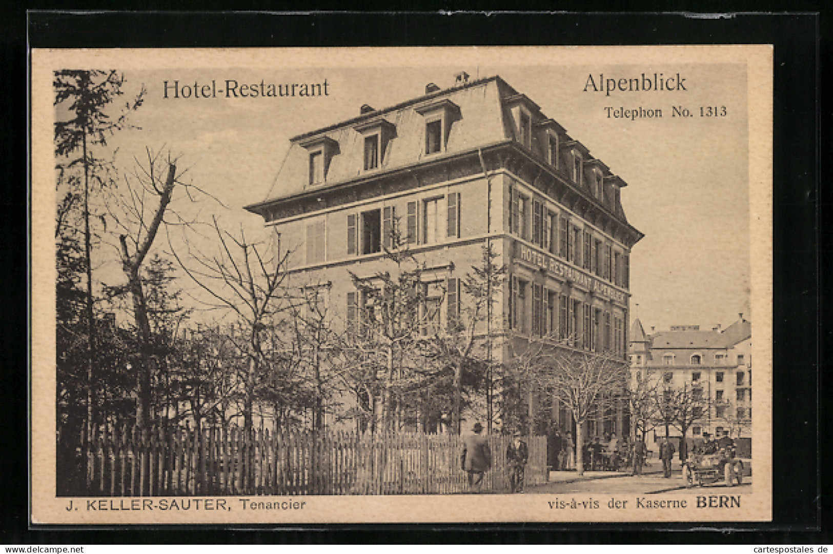 AK Bern, Hotel-Restaurant Alpenblick J. Keller-Sauter, Strassenansicht Mit Automobil  - Bern