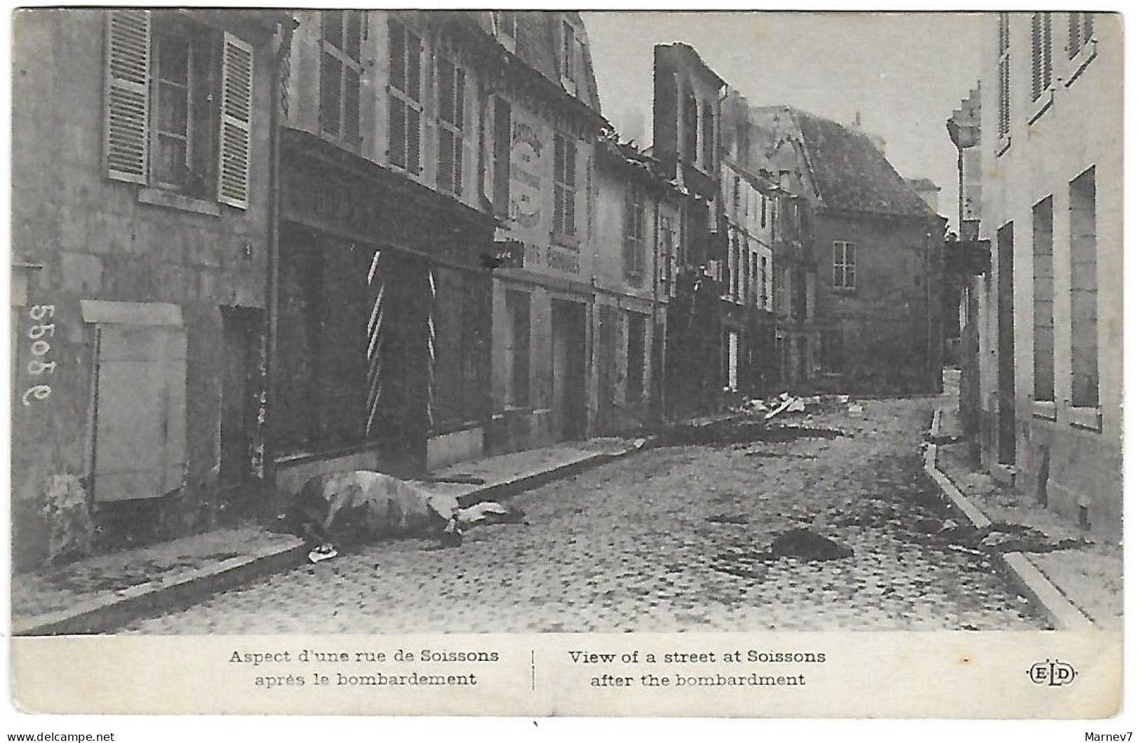 Yv 146 Seul Sur CP Rue Soissons Après Le Bombardement- Cad 27 9 14 - Semeuse Surtaxe 5c Au Profit Croix-Rouge - - 1906-38 Semeuse Camée