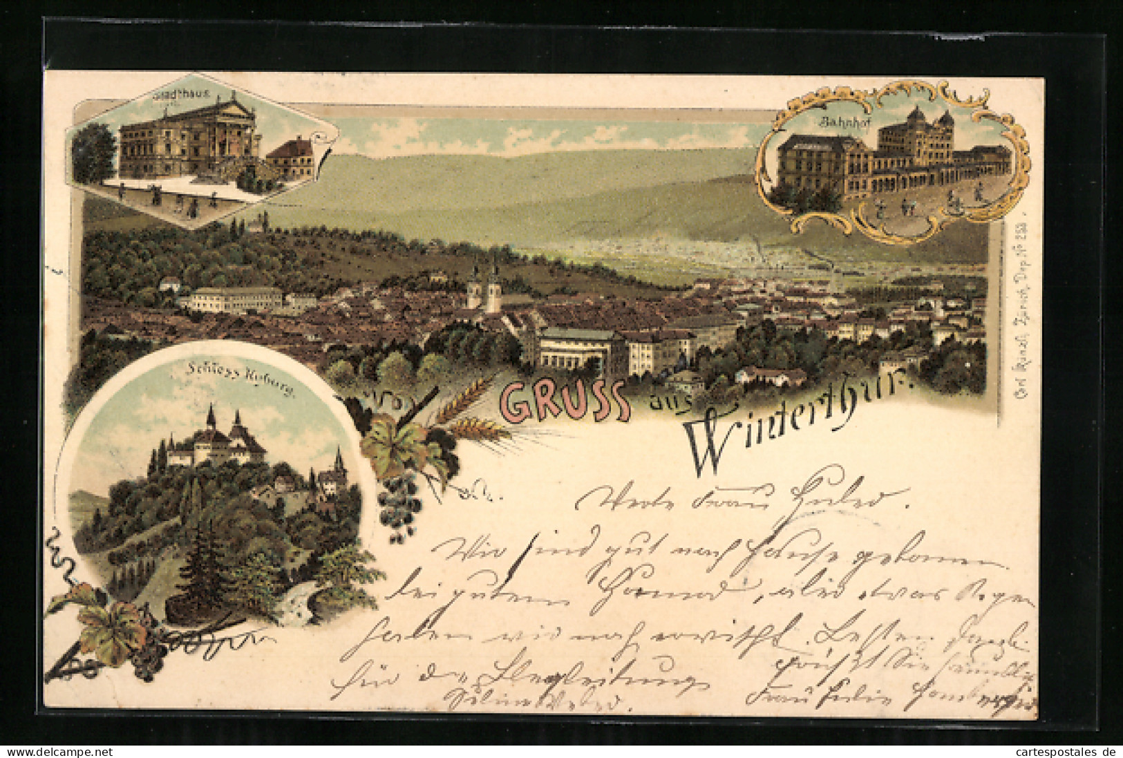 Lithographie Winterthur, Ortsansicht Mit Umgebung, Bahnhof, Stadthaus Und Schloss Kyburg  - Otros & Sin Clasificación