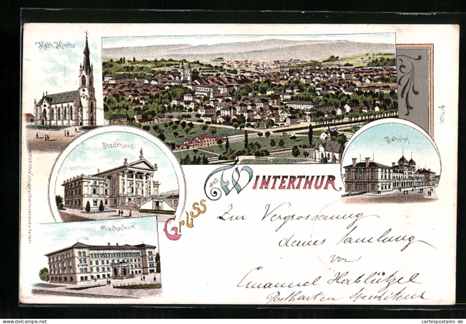 Lithographie Winterthur, Ortsansicht, Blick Auf Kirche, Bahnhof, Stadthaus Und Technikum  - Autres & Non Classés