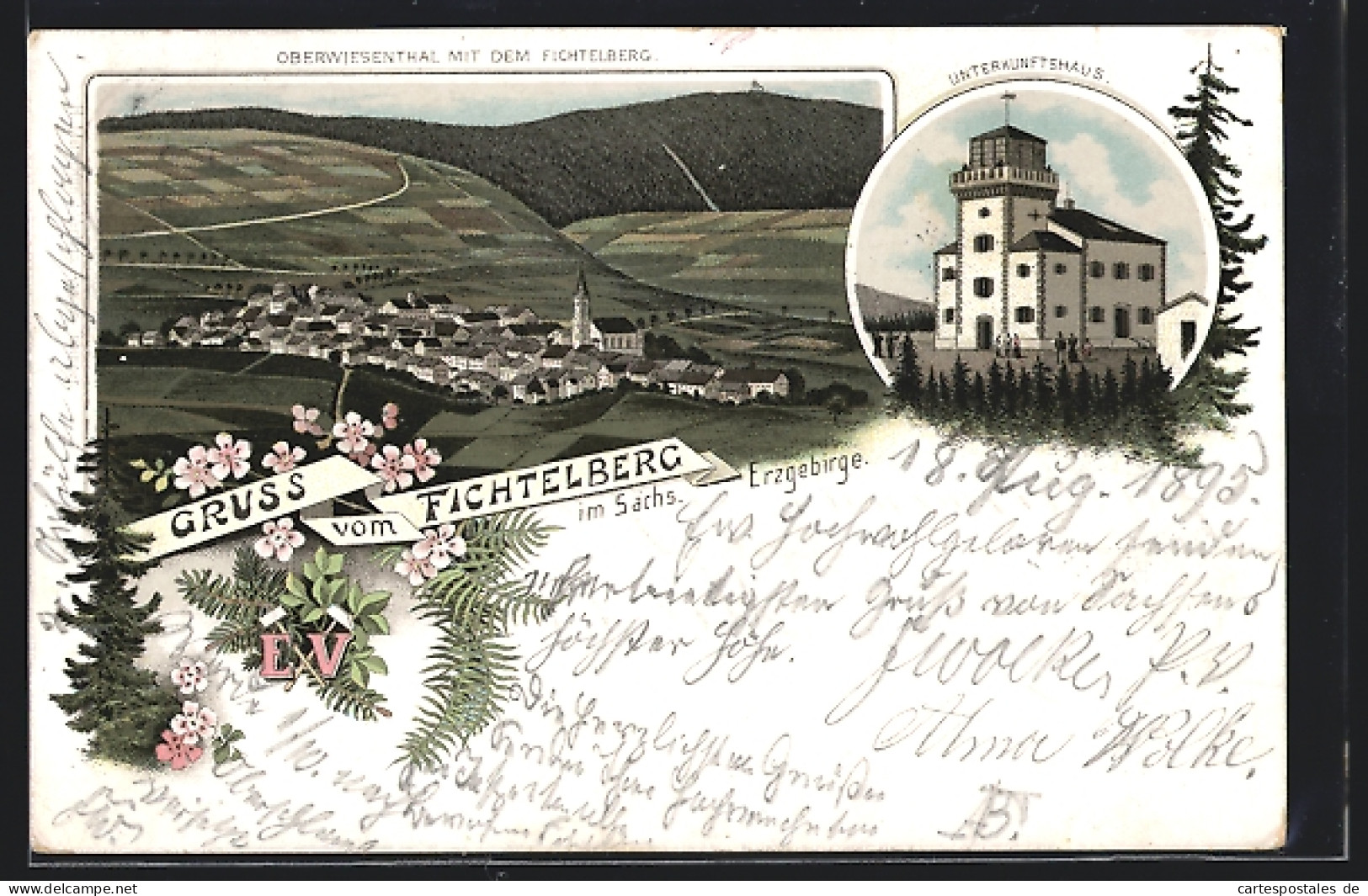 Vorläufer-Lithographie Oberwiesenthal, 1895, Unterkunftshaus Auf Dem Fichtelberg, Gesamtansicht Mit Fichtelberg  - Oberwiesenthal