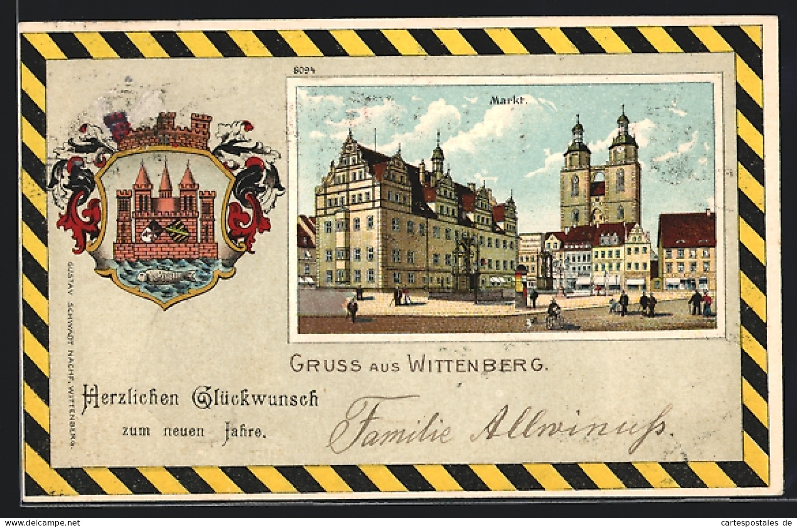 Passepartout-Lithographie Wittenberg, Markt Mit Passanten, Wappen  - Other & Unclassified