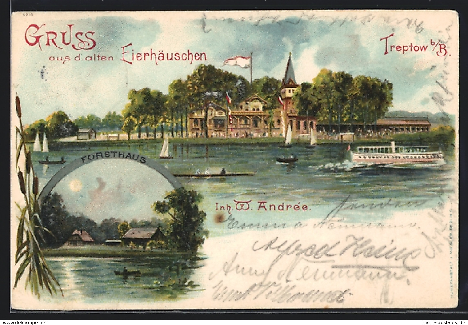 Lithographie Berlin-Treptow, Das Alte Eierhäuschen, W. Andree, Forsthaus, Dampfschiff  - Jagd