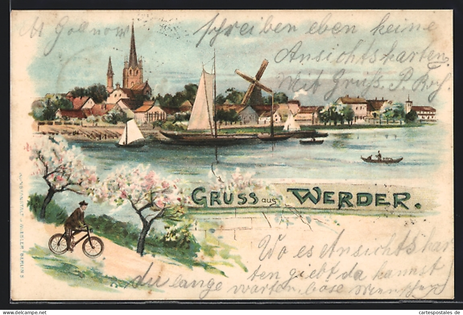 Lithographie Werder, Panorama Während Baumblüte, Windmühle  - Werder