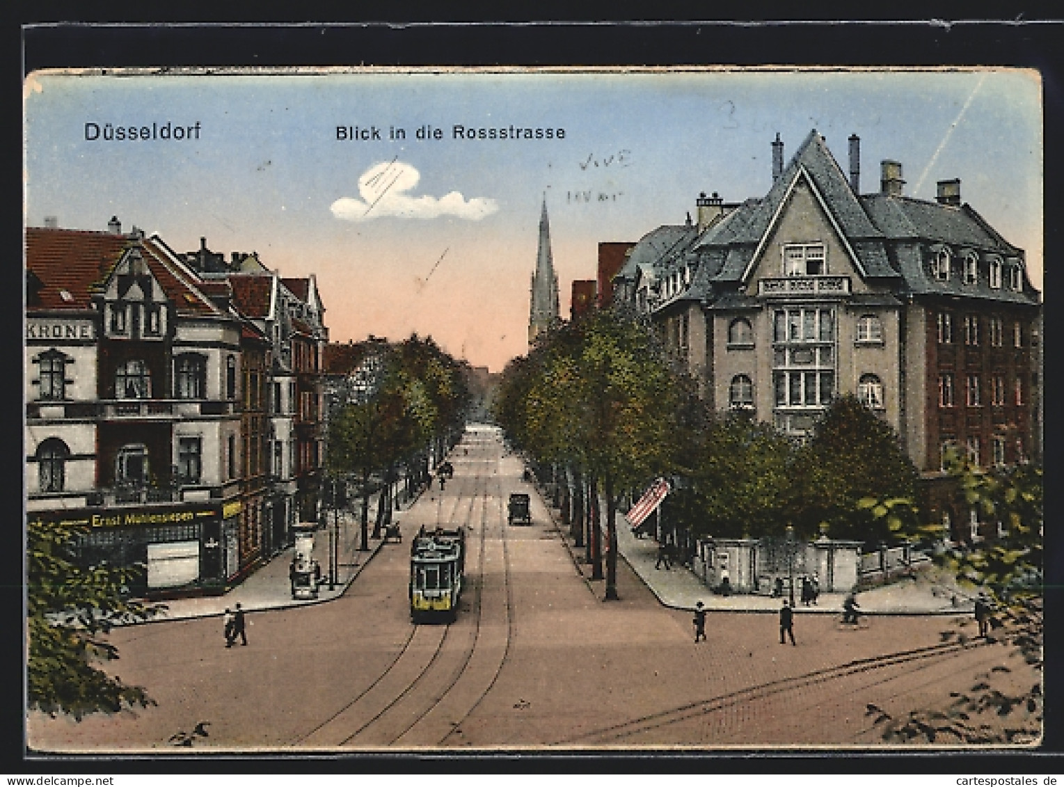 AK Düsseldorf, Blick In Die Rossstrasse, Mit Gasthaus Krone E. Mühlensiepen, Strassenbahn Und Kirche  - Duesseldorf